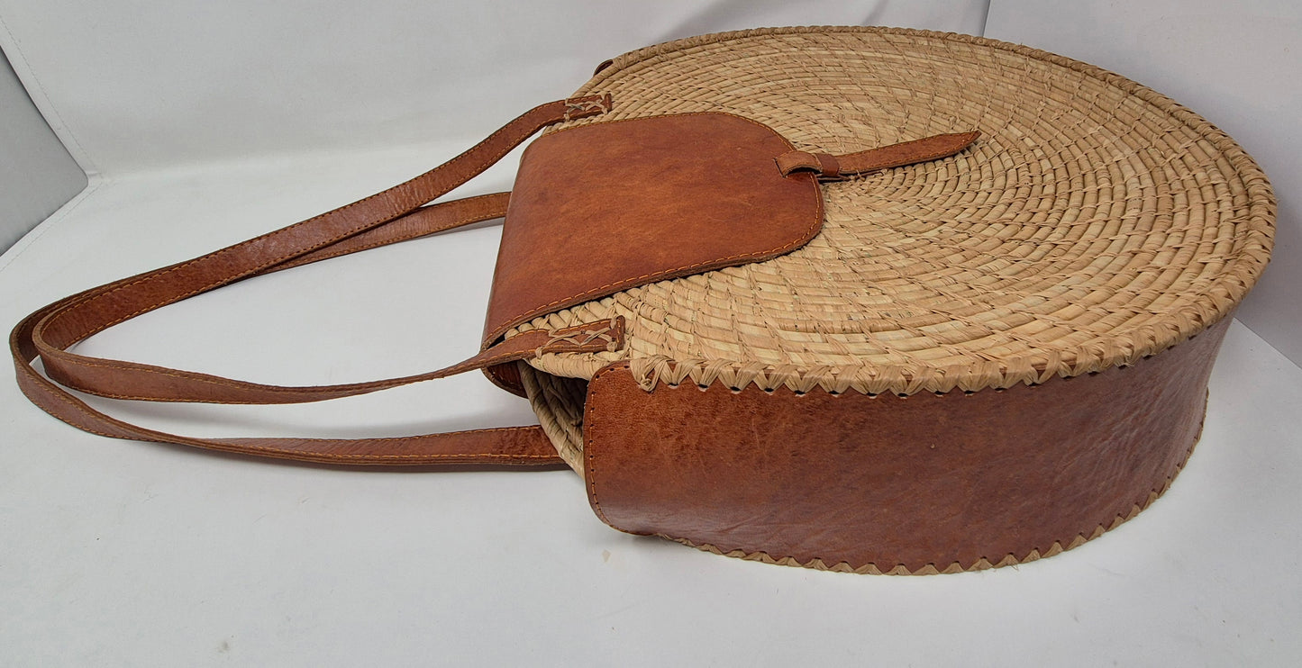 Handgefertigte Runde Raffia & Leder Tasche mittelgroß
