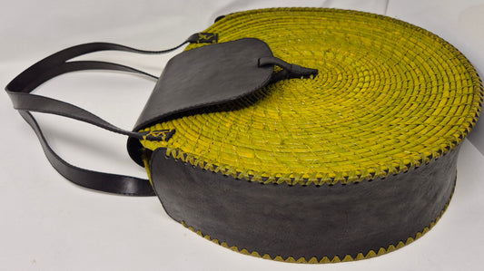 Große runde Raffia & Leder Tasche grün/braun – Boho Tasche