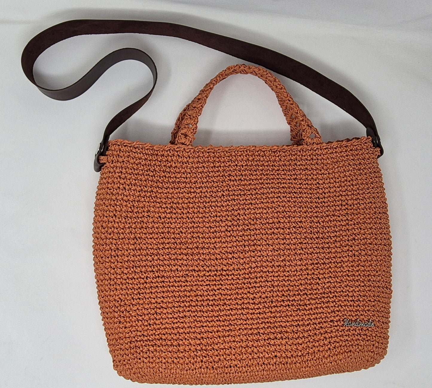 Papiergarn-Tasche,Häkeltasche mit Innentasche und Kunstlederträger – lachsbraun | handmade by dudest